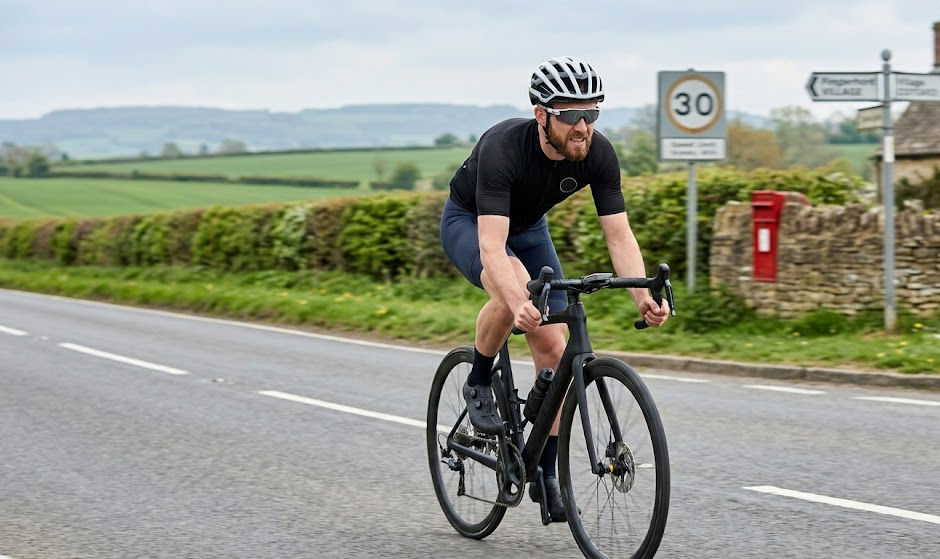 A man cycling on a rural road surrounded by green fields and trees in the countryside