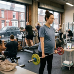 A woman is lifting a barbell while exercising in a gym, demonstrating strength and focus