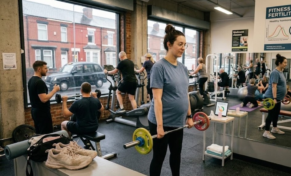 A woman is lifting a barbell while exercising in a gym, demonstrating strength and focus